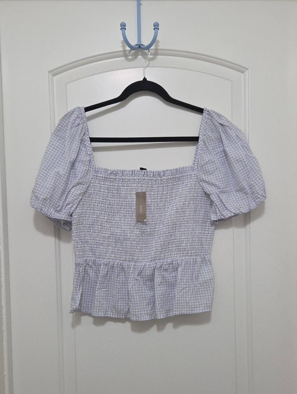 J. Crew Lavender Gingham Smocked Puff Sleeve Crop Top